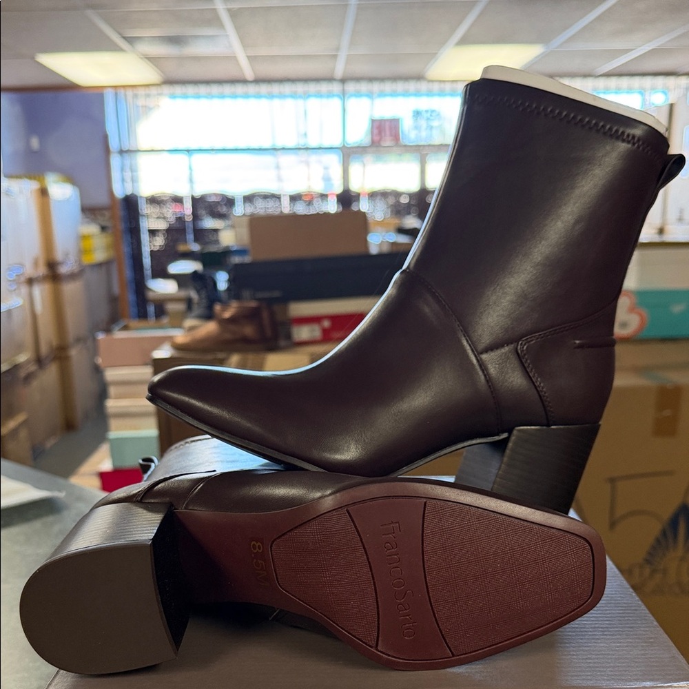 Franco Sarto Dark Brown Leather Pointed Toe Ankle Boots